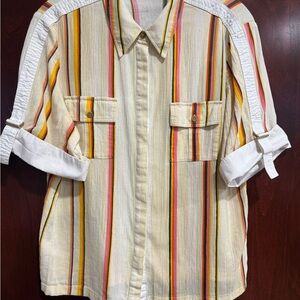Tory Burch Cream and Multicolor Striped Button Down Shirt